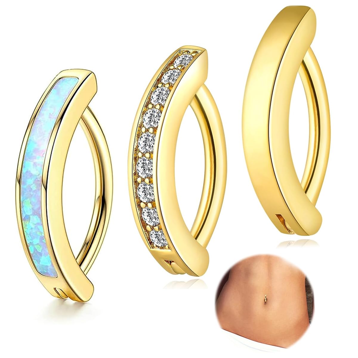 SANNIDHI 3Pcs Clicker Belly Button Rings for Women, Gold 316L Surgical Steel Body Navel Piercing Jewelry, CZ Opal Small Hoop Belly Rings Gift SANNIDHI 3Pcs Clicker Belly Button Rings for Women, Gold 316L Surgical Steel Body Navel Piercing Jewelry, CZ Opal Small Hoop Belly Rings Gift